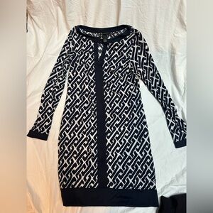 INC International Concepts Navy Blue and White Chain-Link Long Sleeve Dress